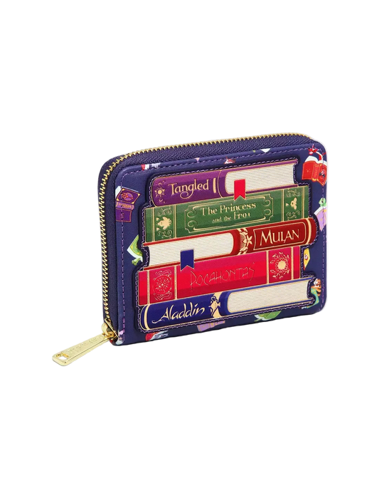 A zip-around wallet featuring a colorful book spine pattern with visible titles including 'The Princess and the Frog', 'Mulan', and 'Aladdin'. The wallet has a dark purple base with gold-tone zipper and pull hardware, photographed on a clean white background.