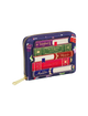 A zip-around wallet featuring a colorful book spine pattern with visible titles including 'The Princess and the Frog', 'Mulan', and 'Aladdin'. The wallet has a dark purple base with gold-tone zipper and pull hardware, photographed on a clean white background.