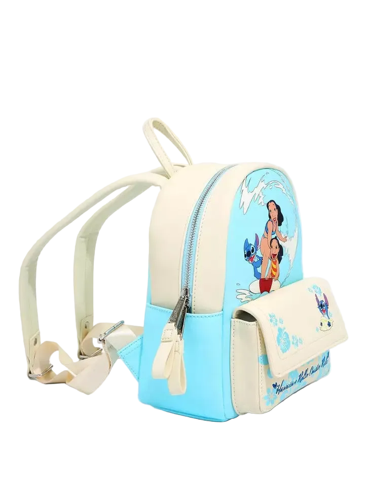 A small Disney-themed backpack featuring a light blue and cream faux-leather body, with a front pocket printed with Stitch and other Disney characters, shown on a plain white background.