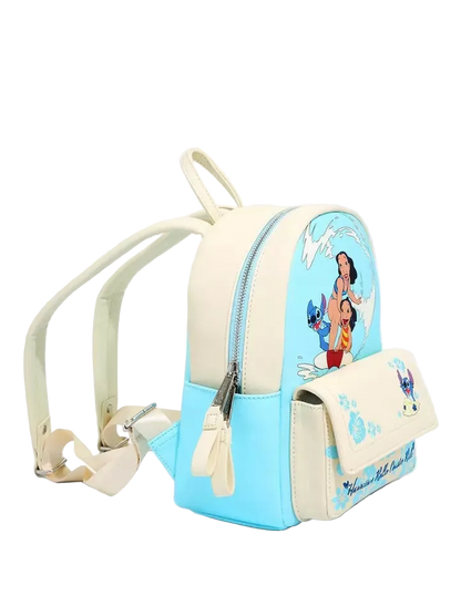 A small Disney-themed backpack featuring a light blue and cream faux-leather body, with a front pocket printed with Stitch and other Disney characters, shown on a plain white background.