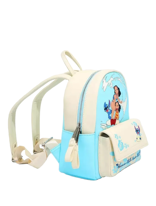 A small Disney-themed backpack featuring a light blue and cream faux-leather body, with a front pocket printed with Stitch and other Disney characters, shown on a plain white background.