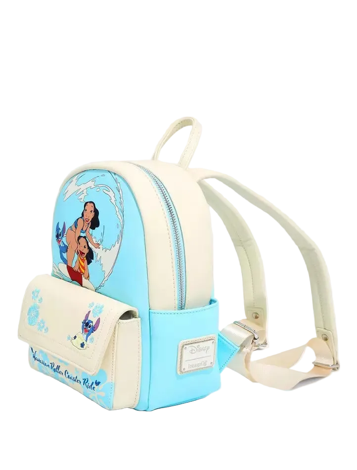 A small Disney Princess Mini Backpack in light blue and cream faux leather, featuring a graphic of Ariel and the text 'Ariel Princesse Ariel' on the front pocket.