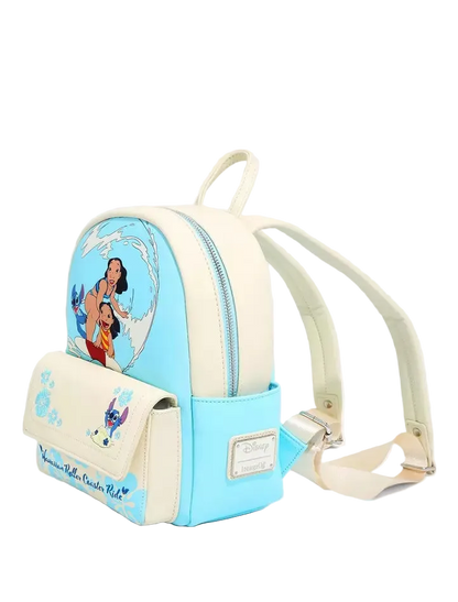A small Disney Princess Mini Backpack in light blue and cream faux leather, featuring a graphic of Ariel and the text 'Ariel Princesse Ariel' on the front pocket.