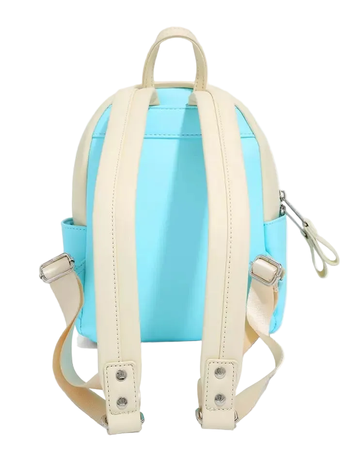 A light blue backpack with cream-colored straps, handles, and side details, shown from the back against a plain white background.