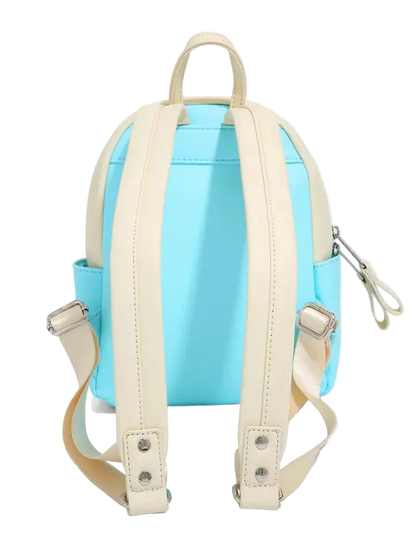 A light blue backpack with cream-colored straps, handles, and side details, shown from the back against a plain white background.