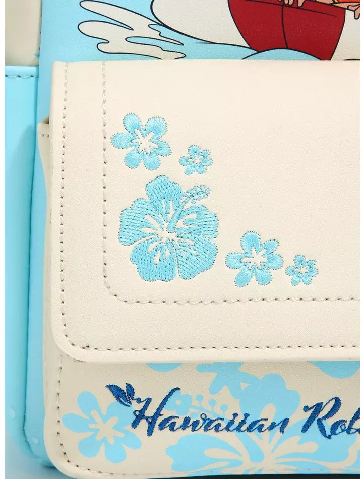 Close-up of a white faux-leather wallet featuring light blue embroidered hibiscus flowers on the flap and 'Hawaiian Rob' text with floral motifs on the front, set against a light blue background with cartoon artwork.