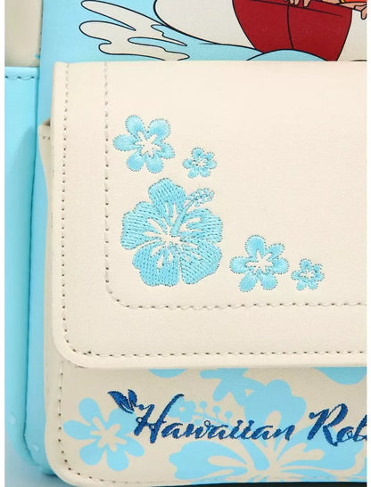 Close-up of a white faux-leather wallet featuring light blue embroidered hibiscus flowers on the flap and 'Hawaiian Rob' text with floral motifs on the front, set against a light blue background with cartoon artwork.
