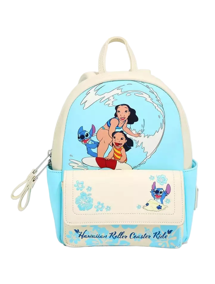 A small Disney-themed backpack featuring characters from Lilo & Stitch on a light blue and cream background, with 'Hawaiian Roller Coaster Ride' text on the front pocket.