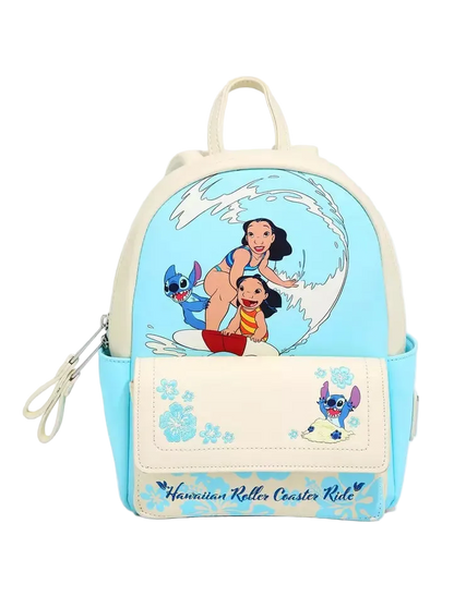 A small Disney-themed backpack featuring characters from Lilo & Stitch on a light blue and cream background, with 'Hawaiian Roller Coaster Ride' text on the front pocket.