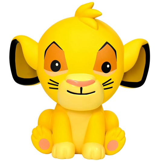 Yellow lion cub toy with black ears and orange accents on a white background
