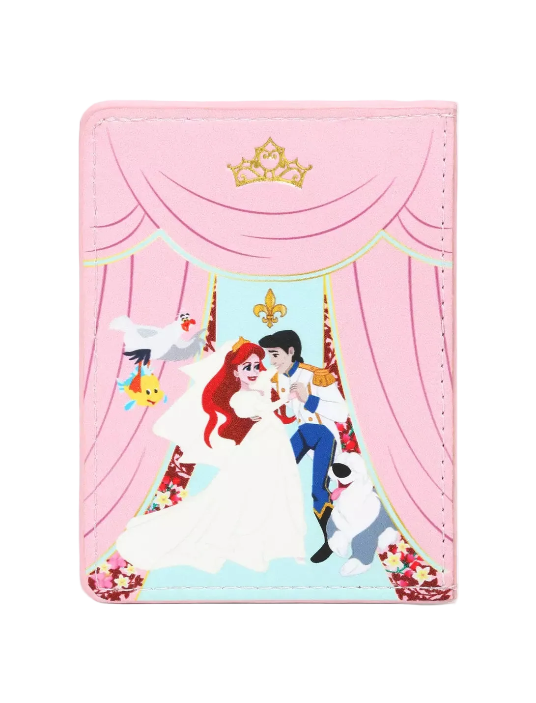 A pink faux leather passport cover featuring a graphic of Disney's The Little Mermaid and Ariel on a stage-like backdrop with pink curtains, a gold tiara, and small character illustrations.