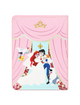 A pink faux leather passport cover featuring a graphic of Disney's The Little Mermaid and Ariel on a stage-like backdrop with pink curtains, a gold tiara, and small character illustrations.