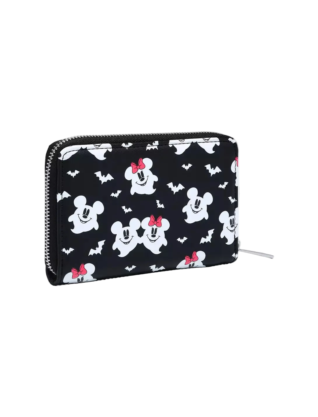 A black zip-around wallet featuring a repeating pattern of white Mickey and Minnie Mouse faces with red bows, alongside small white bats, shown on a light gray background.