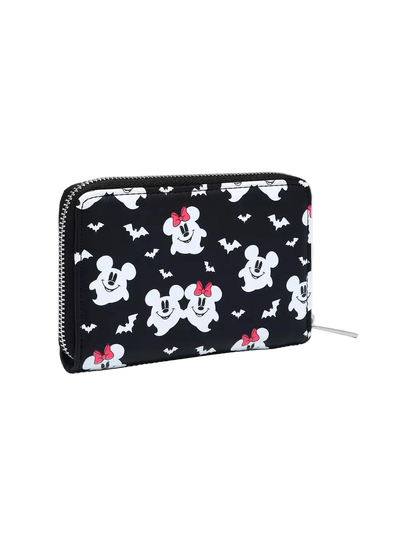 A black zip-around wallet featuring a repeating pattern of white Mickey and Minnie Mouse faces with red bows, alongside small white bats, shown on a light gray background.