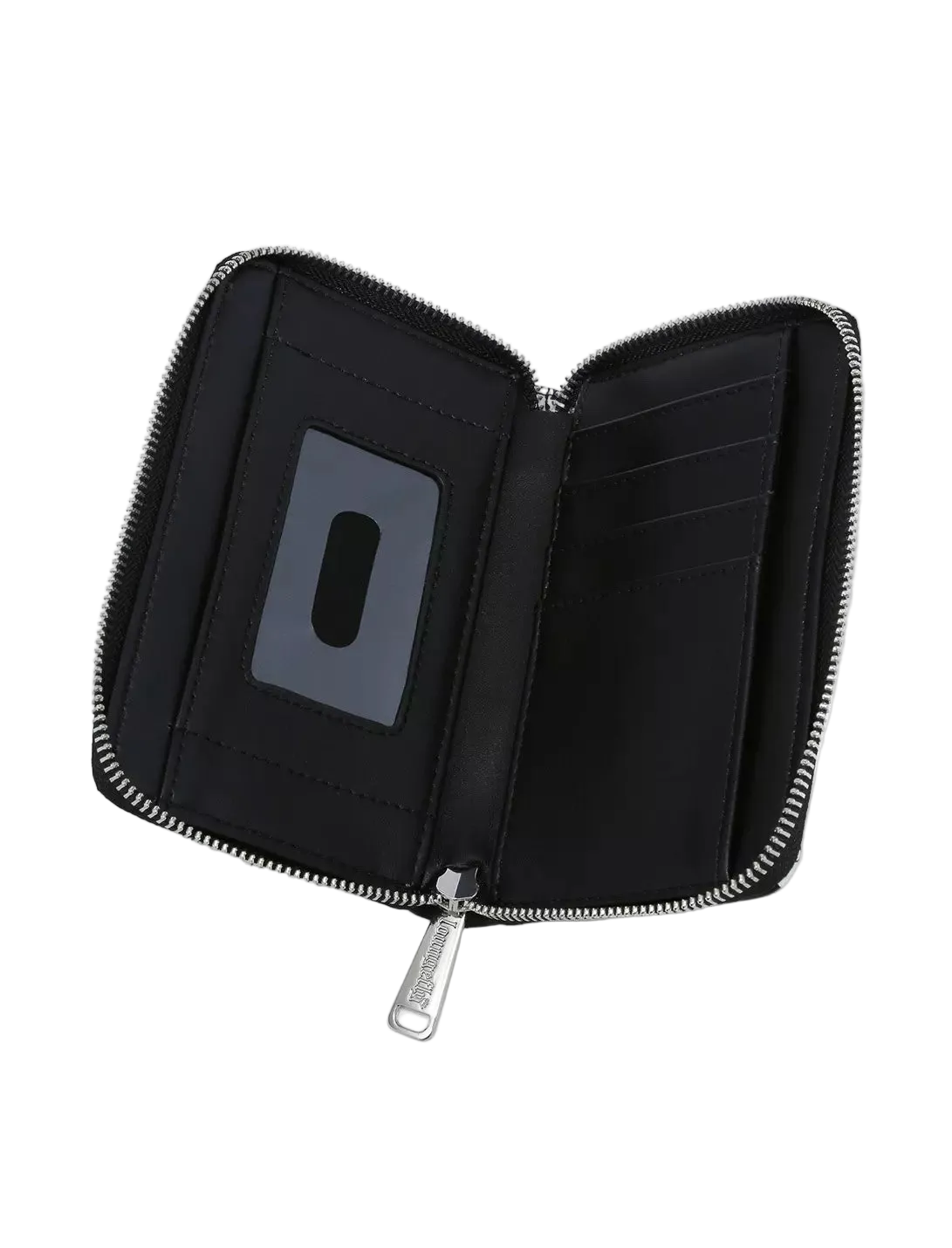 An open black zip-around wallet with multiple card slots, a clear ID window, and silver-tone zippers, shown on a light gray background.