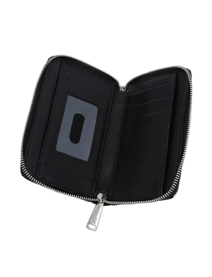 An open black zip-around wallet with multiple card slots, a clear ID window, and silver-tone zippers, shown on a light gray background.