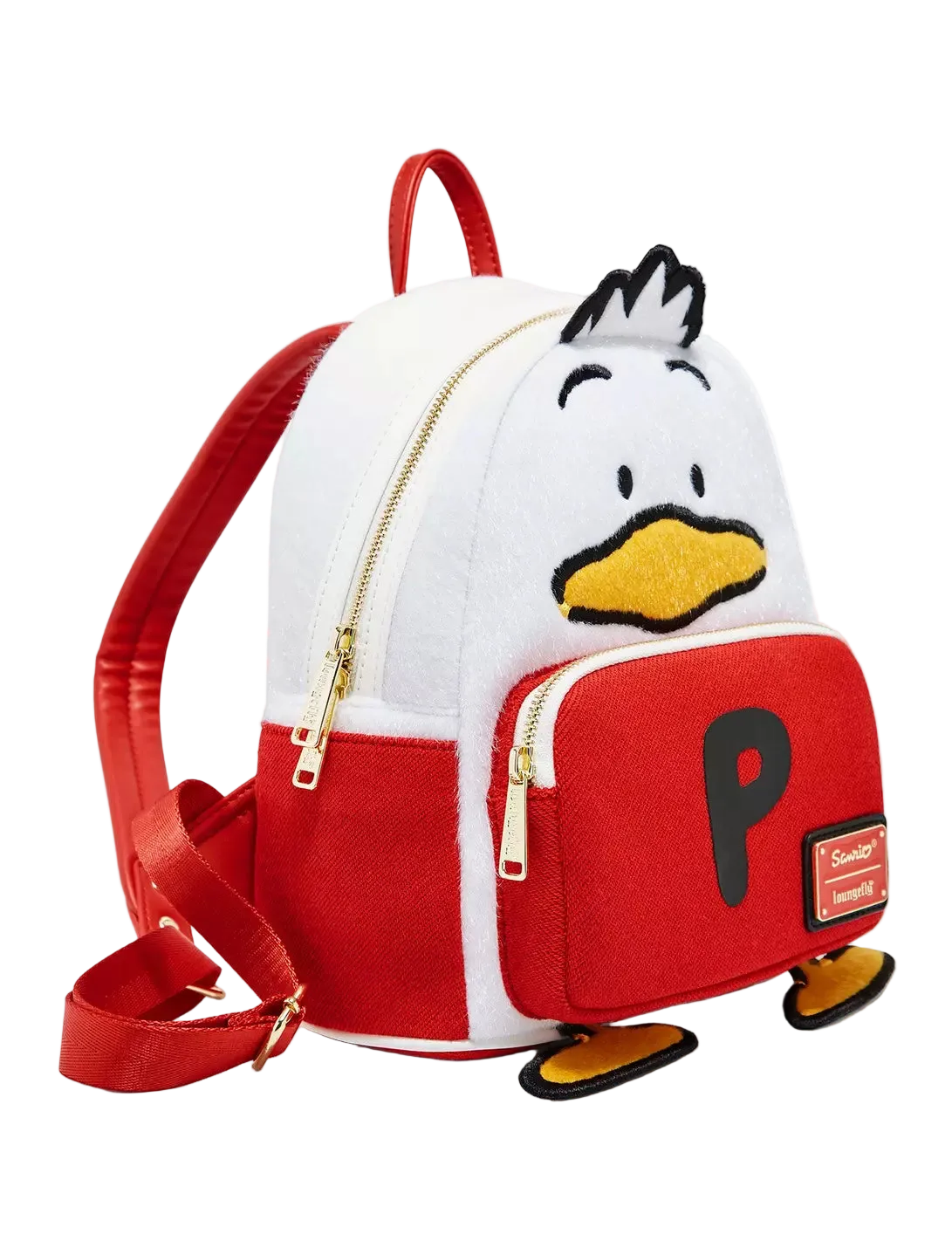 A red and white duck character backpack with a yellow beak, black eyes, and a large black letter P on the front pocket. The backpack features gold-tone zippers, a red top handle, and a detachable red shoulder strap, shown against a plain white background.
