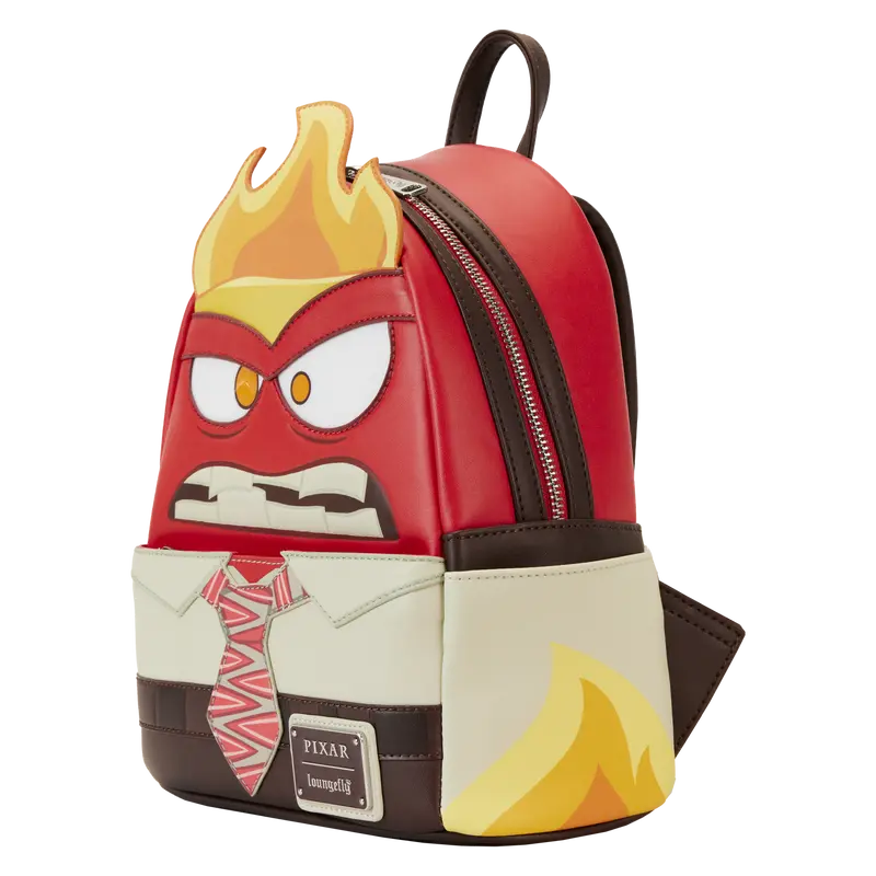 Backpack designed like a character from Pixar with a red face and yellow hair on a white background