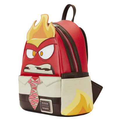 Backpack designed like a character from Pixar with a red face and yellow hair on a white background