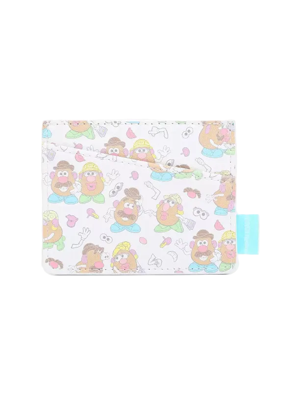 A white card holder wallet featuring a colorful cartoon pattern of potato characters in various poses, with a small light blue fabric tag on the right side, set against a plain white background.