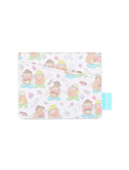 A white card holder wallet featuring a colorful cartoon pattern of potato characters in various poses, with a small light blue fabric tag on the right side, set against a plain white background.