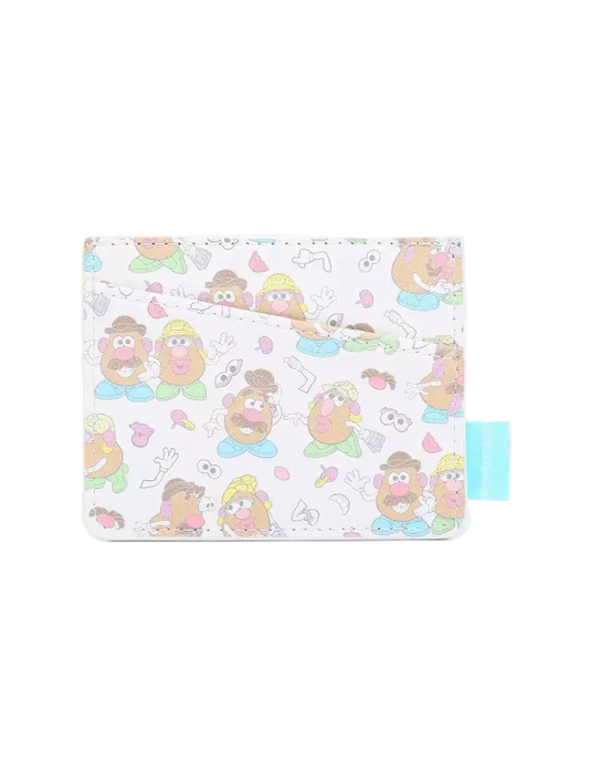 A white card holder wallet featuring a colorful cartoon pattern of potato characters in various poses, with a small light blue fabric tag on the right side, set against a plain white background.