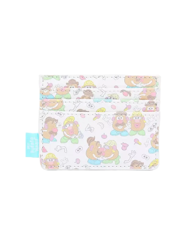 A white card holder wallet featuring a colorful cartoon potato-head character pattern, with a small light blue fabric tag on the left side.