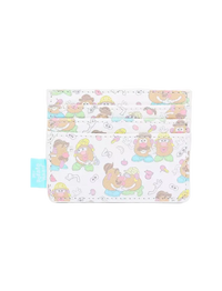 A white card holder wallet featuring a colorful cartoon potato-head character pattern, with a small light blue fabric tag on the left side.