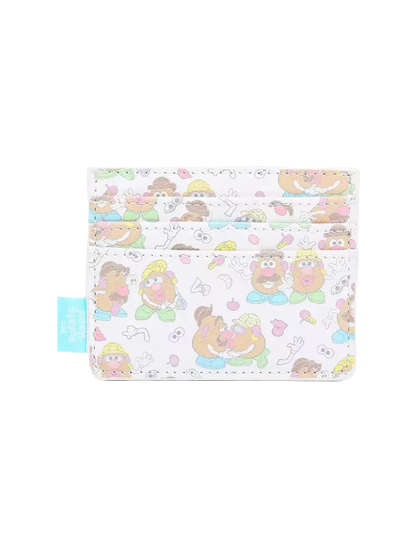A white card holder wallet featuring a colorful cartoon potato-head character pattern, with a small light blue fabric tag on the left side.