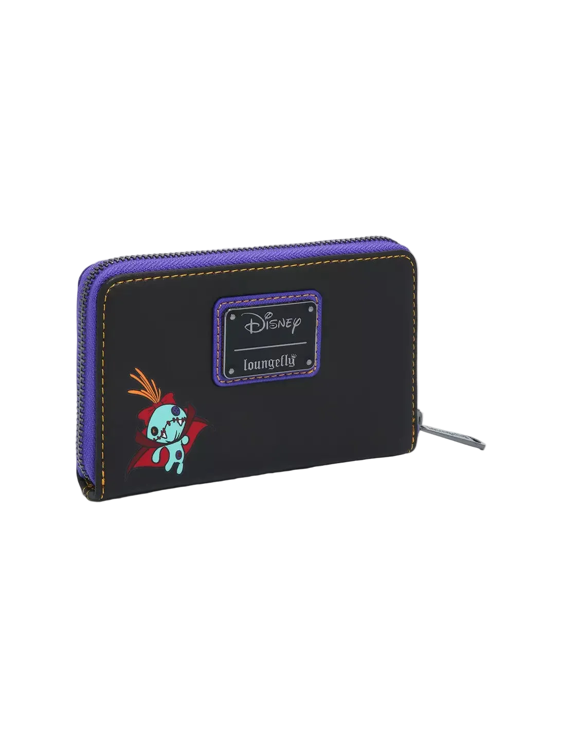 A black zip-around wallet with purple trim, featuring a purple Disney Treasure Tiki patch and a small colorful character graphic on the front, shown on a light gray background.