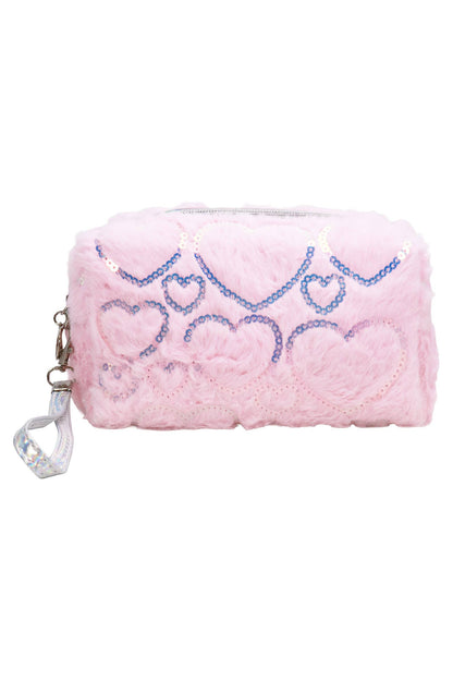 Heart Sequined Fuzzy Fur Cosmetic Pouch Bag: ASSORTED / ONE SIZE