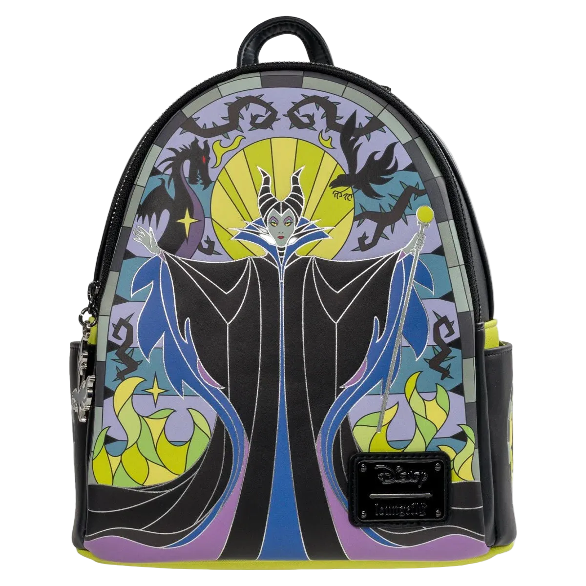 Backpack with stylized character design on a white background