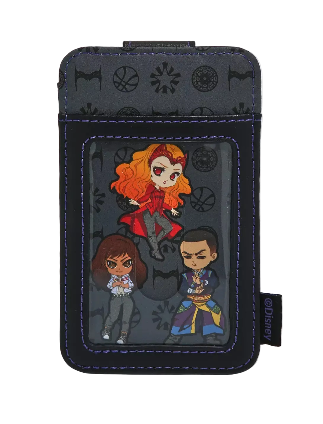 A black and dark gray Disney-themed card holder or wallet featuring a transparent ID window with chibi character graphics, blue contrast stitching, and a small visible Disney tag on the side.