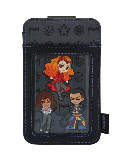 A black and dark gray Disney-themed card holder or wallet featuring a transparent ID window with chibi character graphics, blue contrast stitching, and a small visible Disney tag on the side.