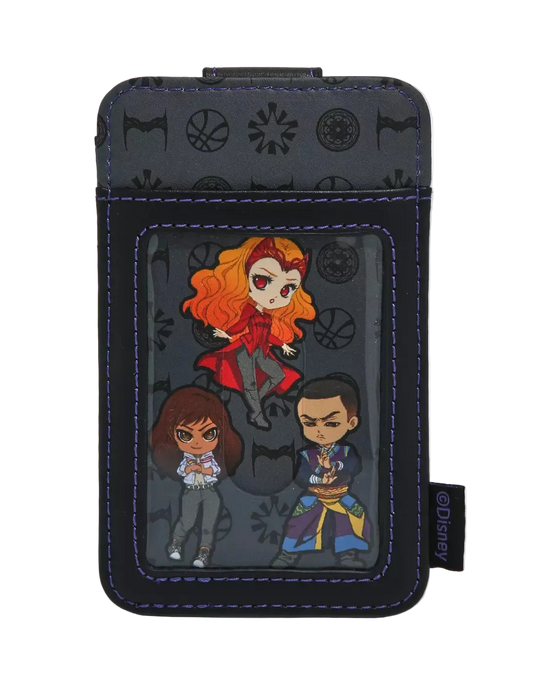 A black and dark gray Disney-themed card holder or wallet featuring a transparent ID window with chibi character graphics, blue contrast stitching, and a small visible Disney tag on the side.