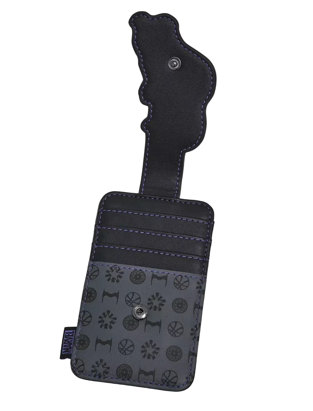 A dark gray and black luggage tag featuring a silhouette-shaped strap, card slots, and a patterned lower section, shown on a light gray background.