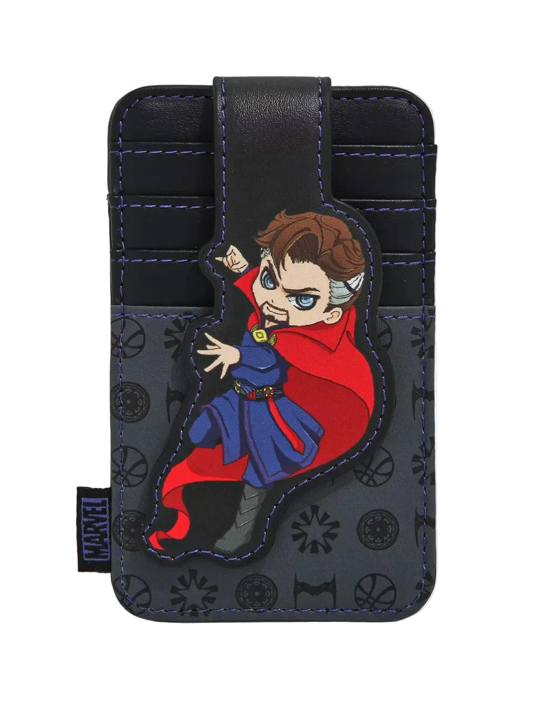 Marvel Doctor Strange card holder wallet featuring a chibi Doctor Strange character patch on a black and dark gray patterned leather background with purple stitching.