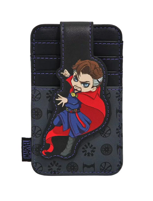 Marvel Doctor Strange card holder wallet featuring a chibi Doctor Strange character patch on a black and dark gray patterned leather background with purple stitching.