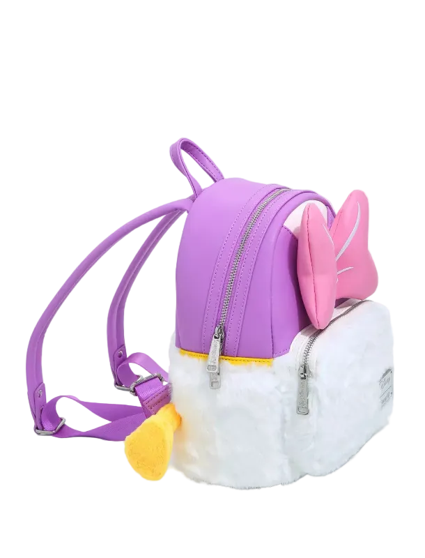 Purple backpack with pink ears and white fluffy bottom on a white background