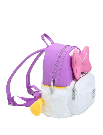 Purple backpack with pink ears and white fluffy bottom on a white background