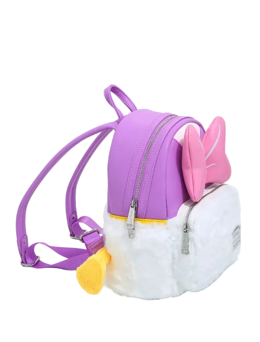 Purple backpack with pink ears and white fluffy bottom on a white background