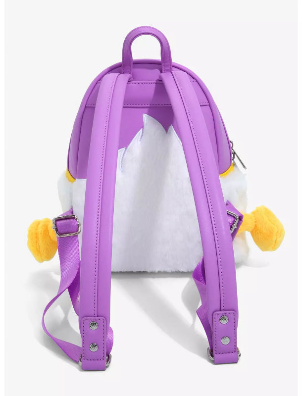 Purple backpack with cartoon character design on a white background