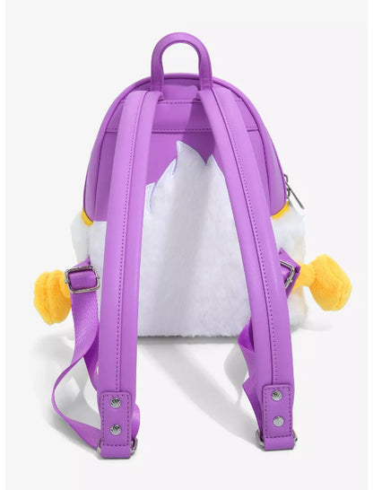 Purple backpack with cartoon character design on a white background