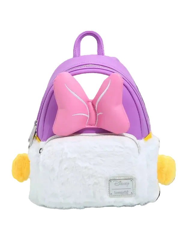 Children's backpack with pink bow and white base on a light gray background