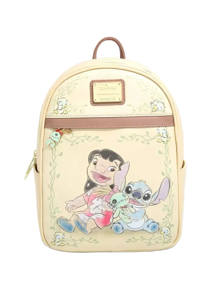 A Disney Lilo & Stitch backpack in pale yellow faux leather, featuring a front graphic of Lilo and Stitch hugging, with brown faux-leather trim, a top handle, and a Disney logo patch.