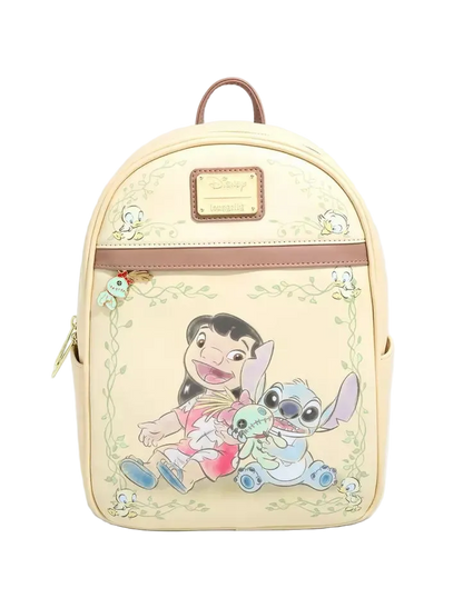 A Disney Lilo & Stitch backpack in pale yellow faux leather, featuring a front graphic of Lilo and Stitch hugging, with brown faux-leather trim, a top handle, and a Disney logo patch.