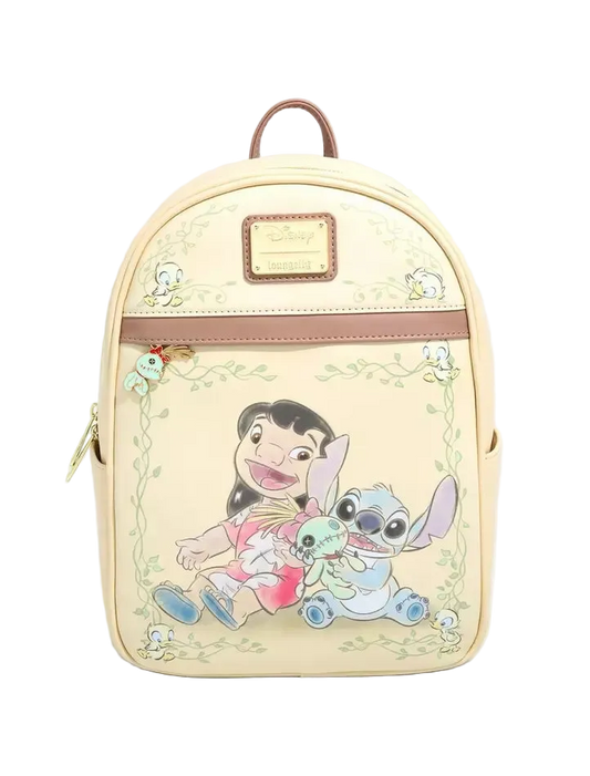 A Disney Lilo & Stitch backpack in pale yellow faux leather, featuring a front graphic of Lilo and Stitch hugging, with brown faux-leather trim, a top handle, and a Disney logo patch.