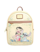 A Disney Lilo & Stitch backpack in pale yellow faux leather, featuring a front graphic of Lilo and Stitch hugging, with brown faux-leather trim, a top handle, and a Disney logo patch.
