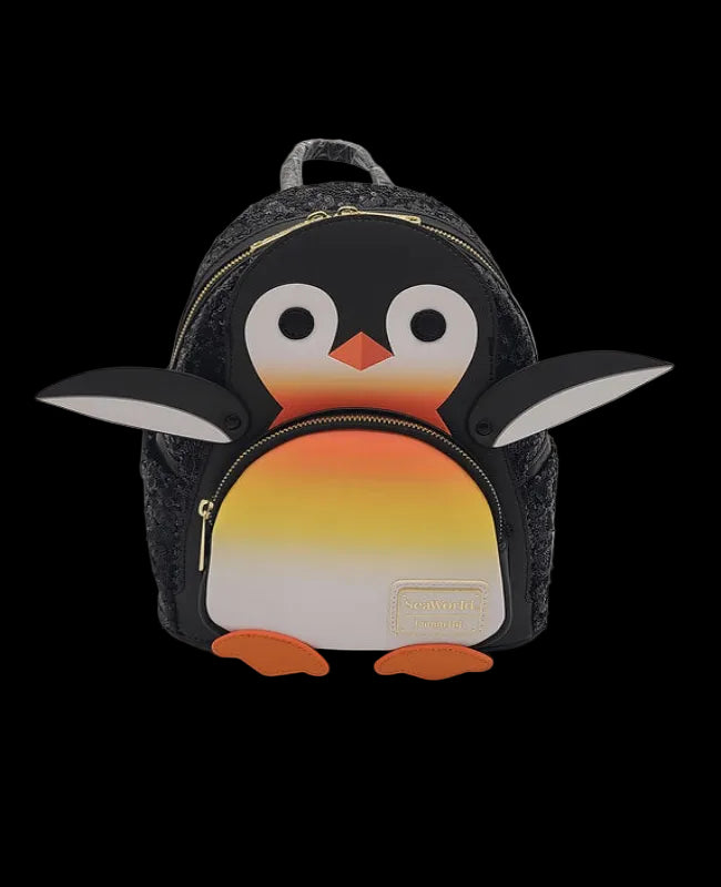 Penguin-shaped backpack on a light gray background