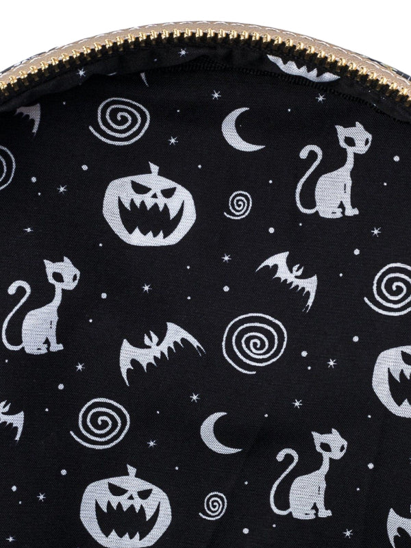 Black pouch with white Halloween-themed patterns including cats, bats, and pumpkins.